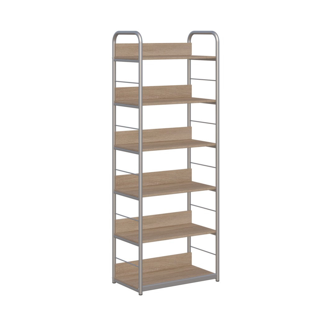 Regał biblioteczny C_zabezpieczenie tyłu z płyty_rama metalowa_alu_dąb sonoma