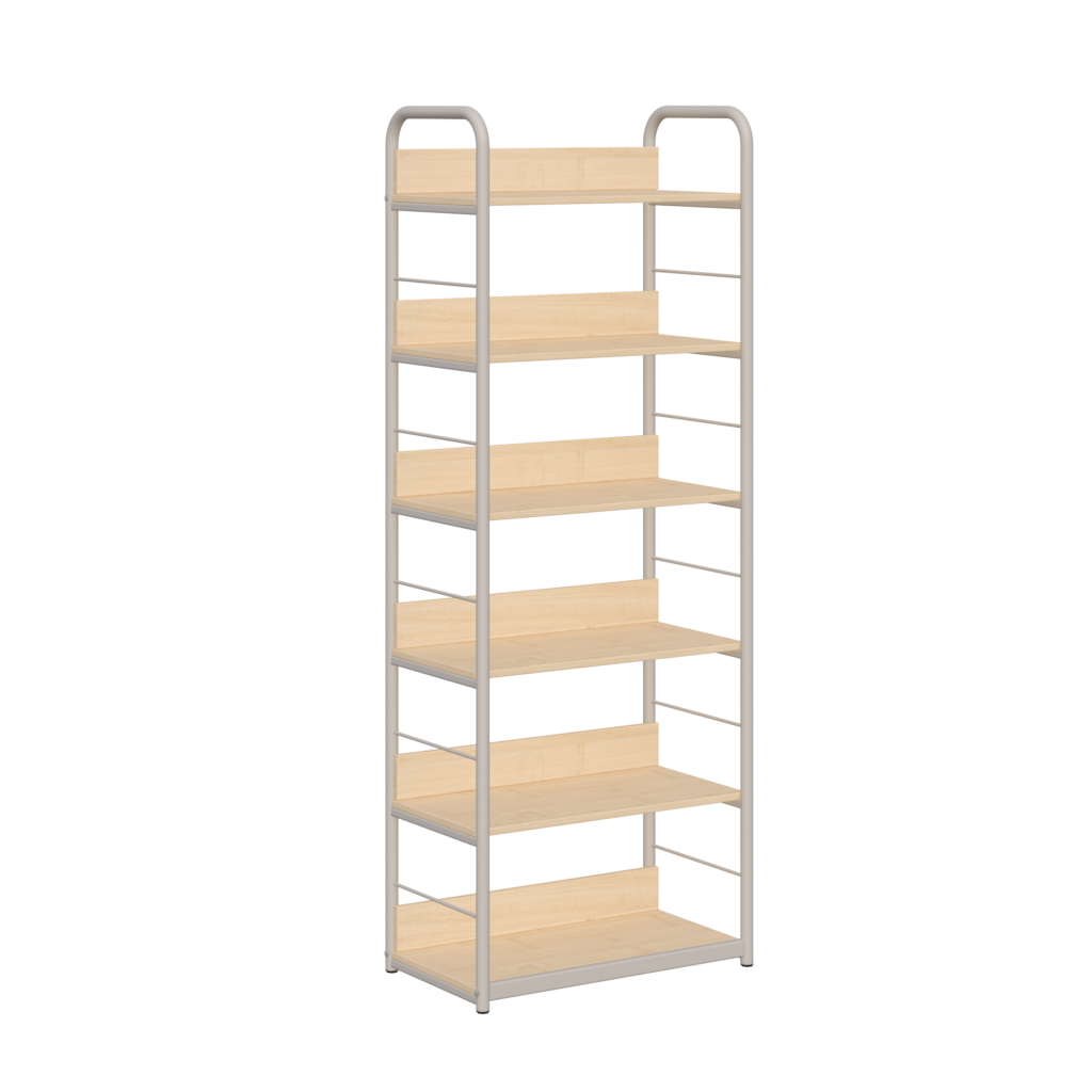 Regał biblioteczny C_zabezpieczenie tyłu z płyty_rama metalowa_popiel_klon