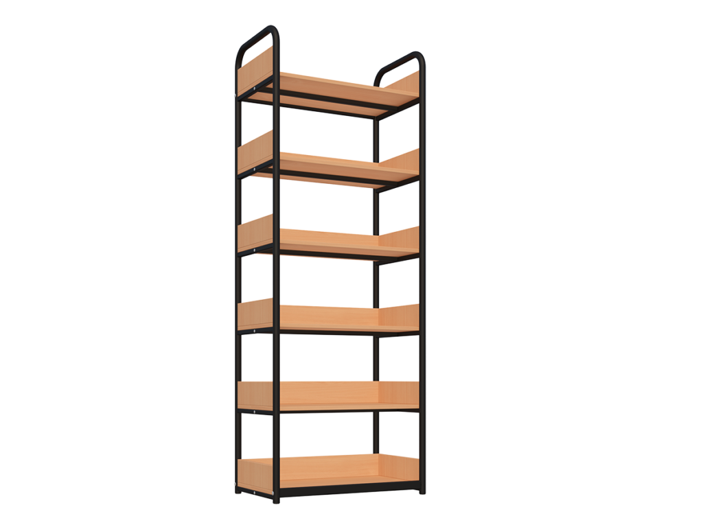 Regał biblioteczny C jednostronny z zabezpieczeniem tyłu i boków o zwiększonej wytrzymałości półek, rama czarny/buk_2